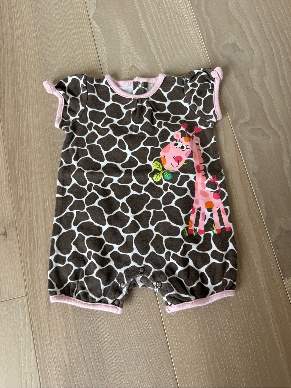 jumping beans Brown and White Giraffe Print One-Piece Bodysuit with Pink Trim